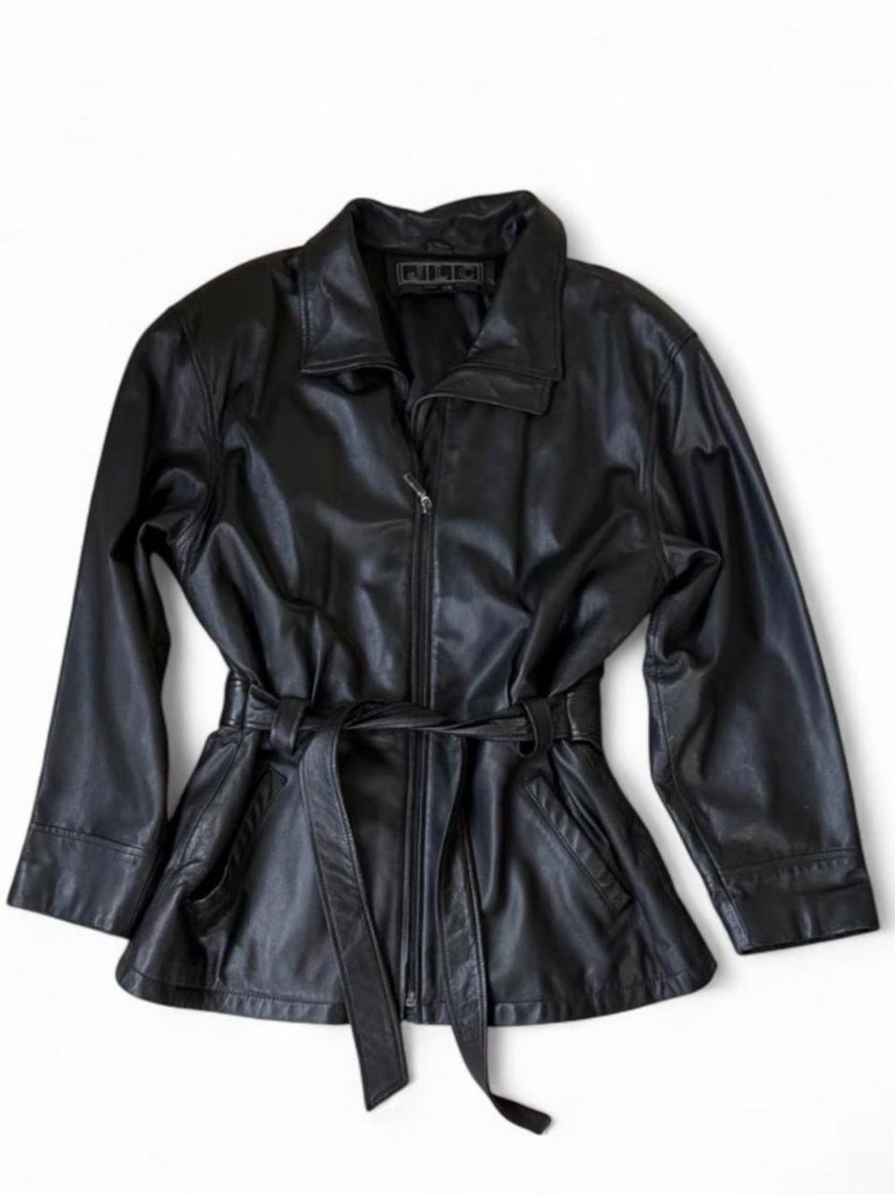 Vintage JLC New York Women’s Zip-Up Belted Black Leather Jacket- size Large
